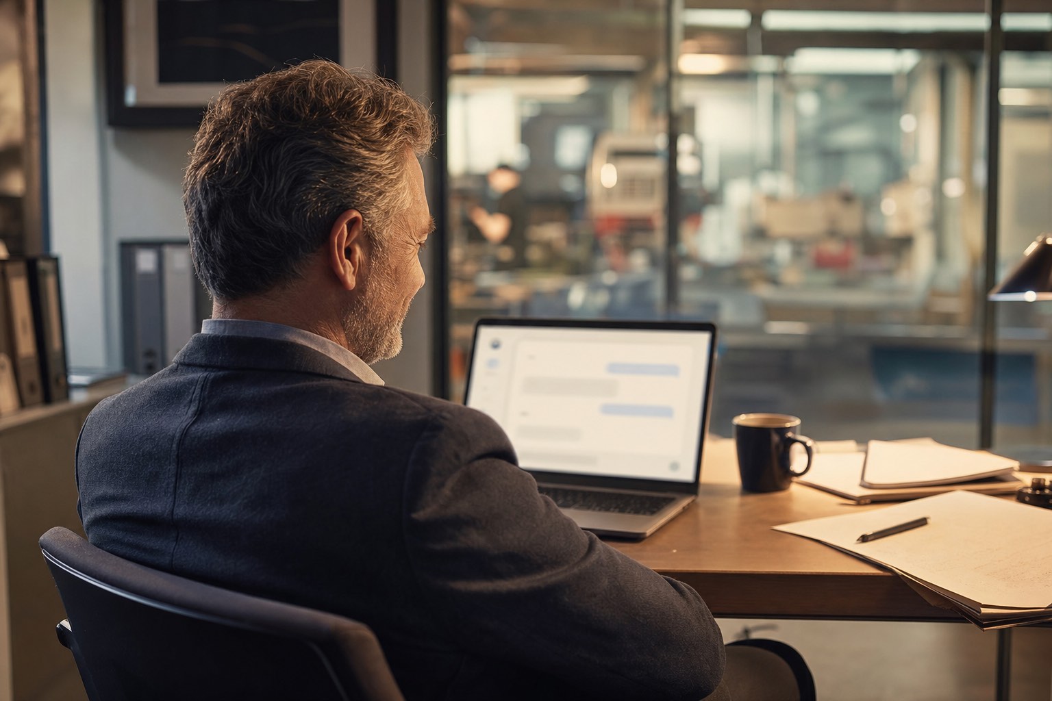 VD i ett mindre industriföretag läser Kollegos svar på sin laptop
